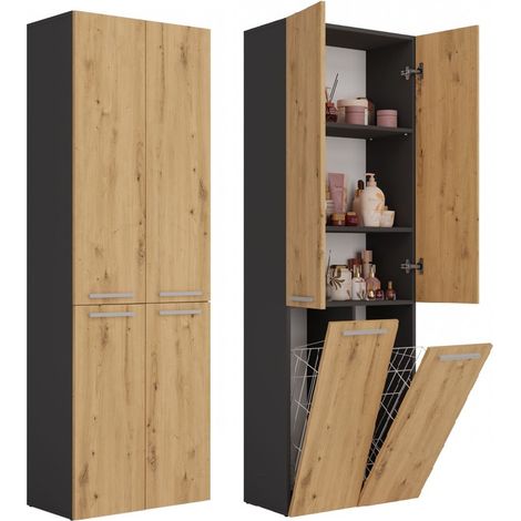 Poteau de salle de bain anthracite 60x30x174 cm – 3 étagères et 3 paniers – Corps en panneaux de particules laminés 16 mm – Poignées minimalistes (1/5)