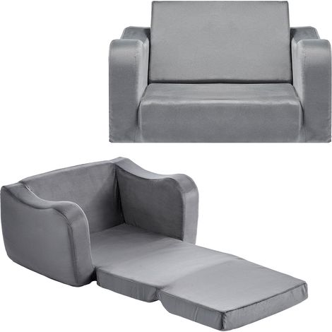 2-in-1-Kindersofa, faltbar, mit Armlehnen, 28D-Schaumstoff und kurzem Samtbezug, grau, Größe M. (1/5)
