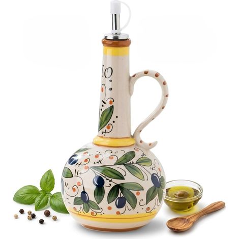 Bouteille Huile Olive Céramique - 1 Unité - Vert - Bec Verseur Acier - Cuisine Quotidienne - 700 ml (1/5)