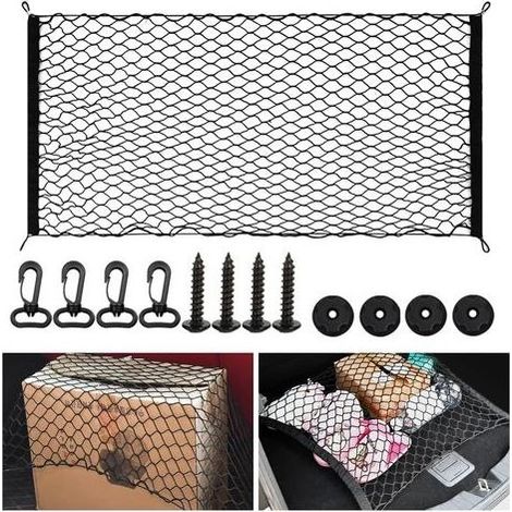 Filet de Rangement Coffre de Voiture, Filet de Rangement pour Bagages avec 4 Crochets Bagages Fixe en Extensible pour Plupart des Voitures, Taille Originale 110x60cm (1/5)