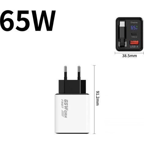 Chargeur USB-C à affichage numérique de 65 W, avec câble rétractable, chargeur au gallium nitrure, tête de charge (blanche) (1/5)