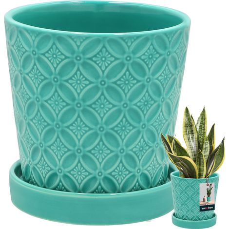 Maceta redonda KOTARBAU® turquesa de 13 cm con platillo de cerámica esmaltada para flores y hierbas, cubierta para plantas