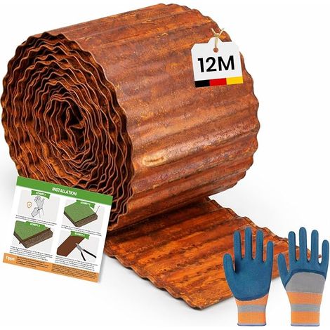 Bordure de Jardin Acier Corten 12 m x 15cm, Bordure de Pelouse Métal, Montage, Paire de Gants, Bordure de Plantes de Jardin (Forme ondulée, 12M x 15CM) (1/5)