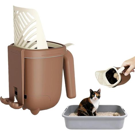 Pelle à litière pour chat (avec base de rangement et bac suspendu) : Pelle à litière pour chat de grande capacité, de type tamis, avec système de fixation intégré pour sac poubelle. (1/5)