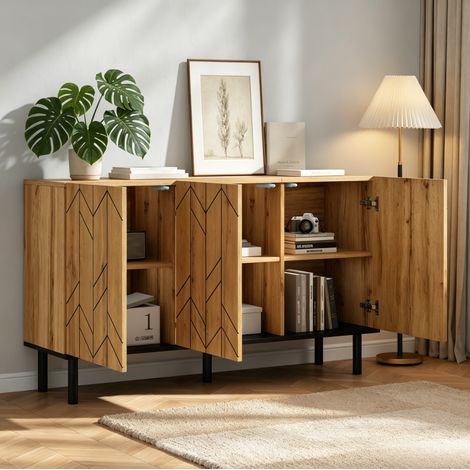 Credenza 3 ante 120 x 35 x 70 cm con vani portaoggetti, legno naturale DESVIAE (1/5)