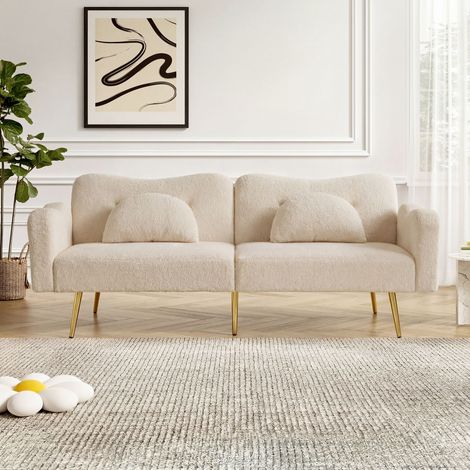 Canapé Convertible 2 Places 155x85,5 cm, Dossier Réglable 3 Positions, Fonction Lit d'Appoint, Pieds Métal Doré, Beige (1/5)