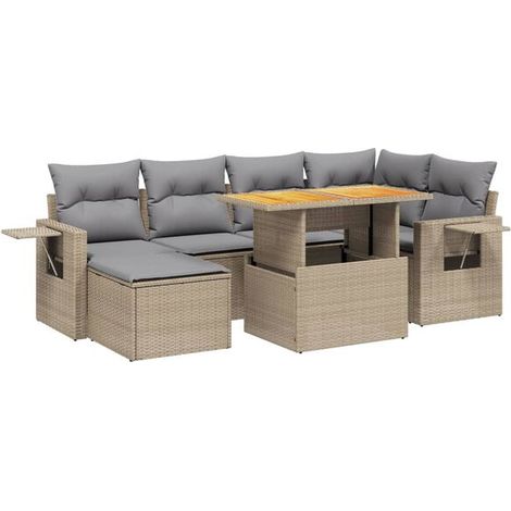 Ensemble de Mobilier de Jardin 7 Pièces, Table et Chaises en Résine Tressée Beige avec Coussins pour Extérieur (1/5)