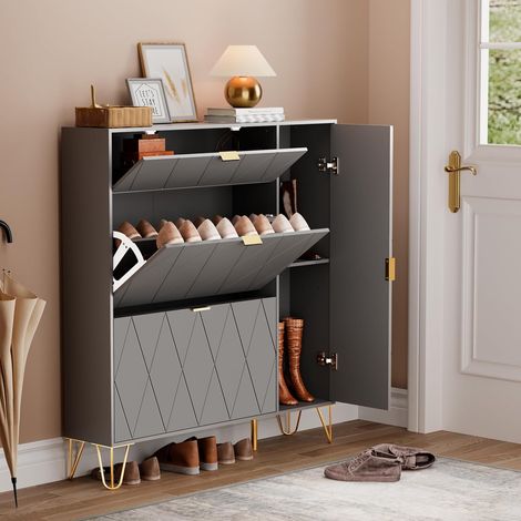 UEV Scarpiera Salvaspazio Slim in Legno, Scarpiera Ingresso Portascarpe con 3 Ante a Ribalta, Porta Scarpe per 16 Paia, 80 x 24 x 120 cm (Grigio) (1/5)