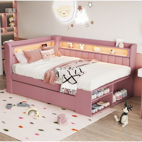 Cama 90x200 cm de madera rosa con almacenamiento para dormitorio FloraGrace (1/5)