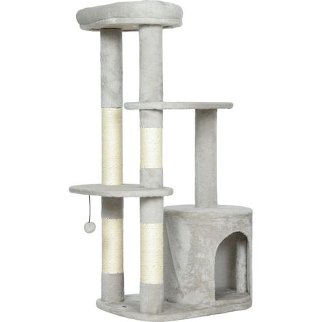 CHICFURN Árbol para gatos 60x45x114 cm gris claro con cueva, postes de sisal y plataforma (1/5)