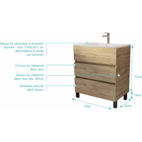 meuble de salle de bains 70 cm timber - décor chêne naturel 3 tiroirs avec vasque blanche — vue 4