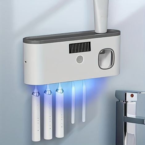 Porte-brosse à dents mural intelligent avec distributeur automatique de dentifrice, 5 emplacements, rechargeable par USB, organisateur de salle de bain moderne (1/5)