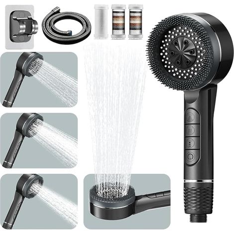 Pommeau Douche Economie Deau 4 Types de Jets Pommeau de Douche Anti Calcaire avec Tuyau Douche 1.5M (black gold,) (1/5)