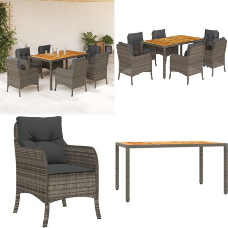 7-tlg. Garten-Essgruppe mit Kissen Grau Poly Rattan - Gartengestelle - Gartenmöbelset - Outdoor Möbel - Esstisch - Gartenstühle - Home & Living (1/5)
