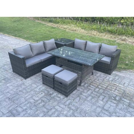 Fimous PE Wicker Outdoor Garden Furniture Set Patio Rattan Rectangular Dining Table Lounge Sofa with 2 Small Footstool Side Table 8 Seater Dark Grey Mixed (1/5)