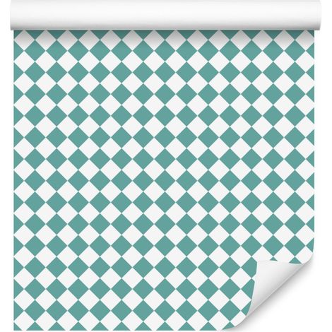 Papel pintado geométrico con rombos en color verde azulado, blanco y menta, 50x1000 cm. (1/5)
