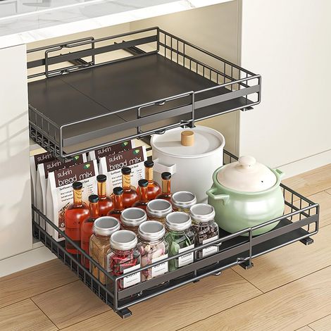 2 Pack Extendable Pull Cabinet Organizer, Telescopic Sliding Cabinet Organizer for Kitchen, Adjustable Width Cabinet Organizer (Black) (1/5)