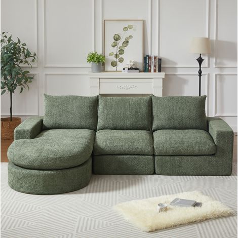 Sofá modular 251/160/81 cm en chenilla verde con chaise longue reversible y cojines cervicales (1/5)