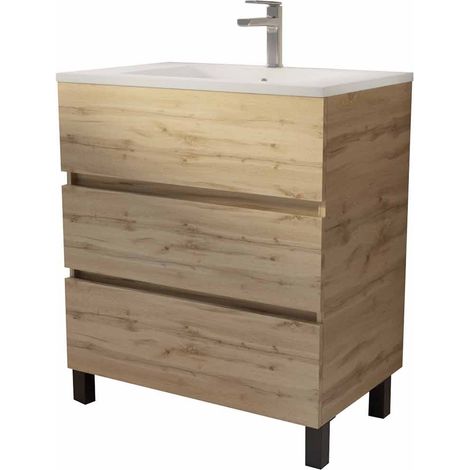 meuble de salle de bains 70 cm timber - décor chêne naturel 3 tiroirs avec vasque blanche — vue 3