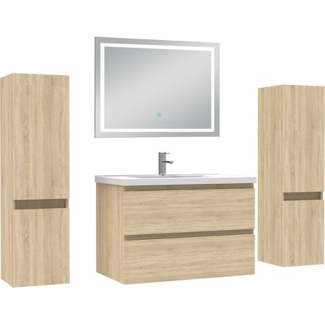 Aica Ensemble meubles Salle de Bain 80cm avec Colonne + Miroir Lumineux +3 Couleurs, Chêne Naturel