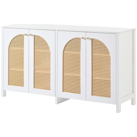 Buffet minimaliste moderne avec 4 portes en rotin et poignées en métal meuble de rangement simple pour salle à manger, salon ou cuisine (blanc) (1/5)