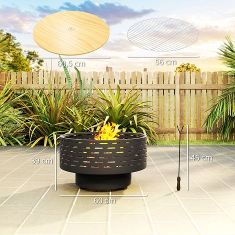 3-en-1 Brasero Ø60 x 39cm en Acier Inoxydable Foyer avec Grille de Cuisson Pare-Étincelles Tisonnier Gris Charbon (1/5)