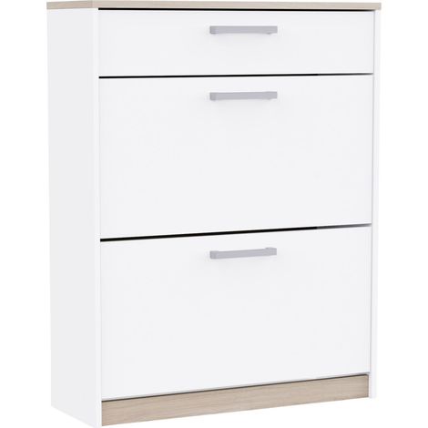 Zapatero Watson de Recibidor Estilo Nórdico en color Blanco Mate y Roble Kronberg con 2 Puertas y 1 Cajón 80x102x29 cm