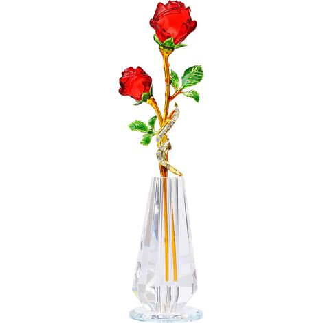 Figurine de rose rouge en cristal faite à la main avec vase, bouquet de fleurs en verre, cadeau pour épouse, petite amie, femme, décoration de table pour anniversaire de mariage (1/5)
