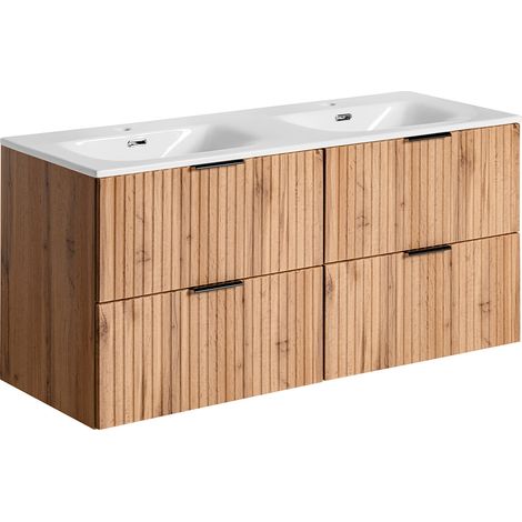Petits-Meubles – Meuble double vasque encastrée 120 cm – 4 tiroirs avec fermeture silencieuse – Panneaux mélaminés et MDF 16 mm – Couleur bois chêne (1/5)