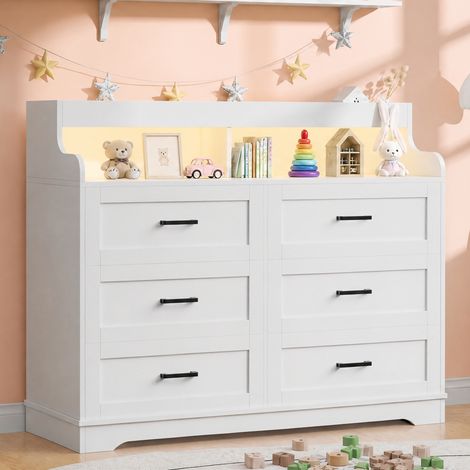 Commode Chambre 6 Tiroirs Blanche avec LED RGB et Prise Chargeur, Meuble de Rangement Moderne avec 3 Niches, Anti-basculement (1/5)