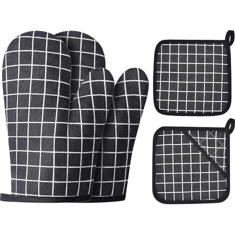 Guanti da forno e tappetini resistenti al calore, guanti da barbecue, guanti da cucina antiscivolo, in cotone e lino, per cuocere al forno e grigliare (neri) (1/5)