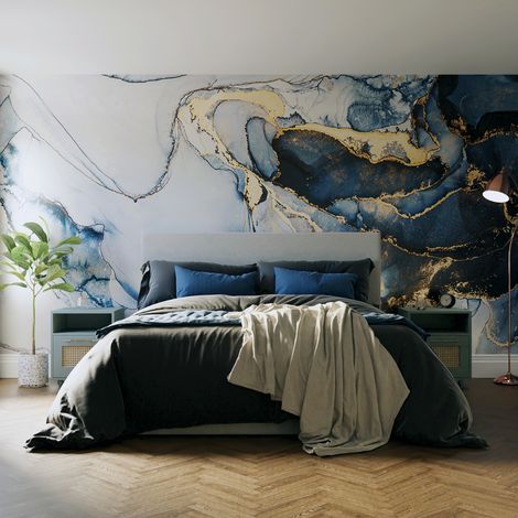 Papier peint panoramique Marbre Agathe 300 x 280cm Bleu, or