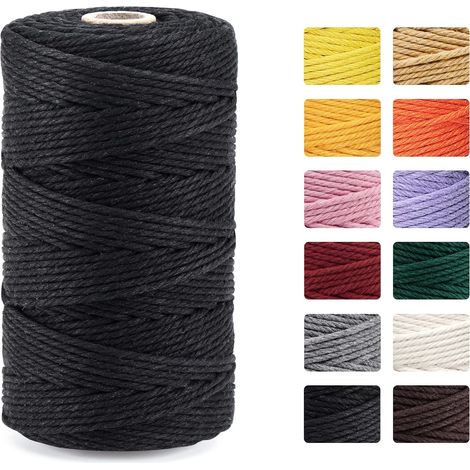 1 Piece Colorful Cotton Rope, 3mm x 100m Handwoven Cotton Rope, Natural Cotton Thread for Knitting Hanging Plants DIY Decor Gift Wrapping - Black