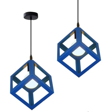 2pcs Creative Pendant Light Square, Modern Metal Geometric Hanging Ceiling Lamp Cube Cage Chandelier Fixture (Blue)