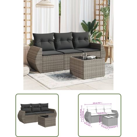 The Living Store 4-tlg. Garten-Sofagarnitur mit Kissen Grau Poly Rattan - Gartenmöbel Set - PE-Rattan Möbel - Outdoor Sofa - Esstisch - Lounge Garnitur (1/3)
