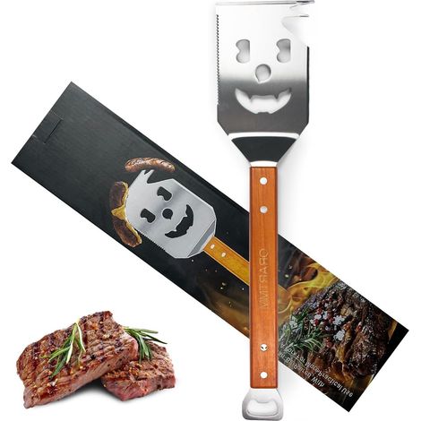 Spatule de barbecue 7 en 1 en acier inoxydable avec manche en bois - Outils de barbecue multifonctionnels pour la cuisson au barbecue et en plein air-AquaForge (1/5)