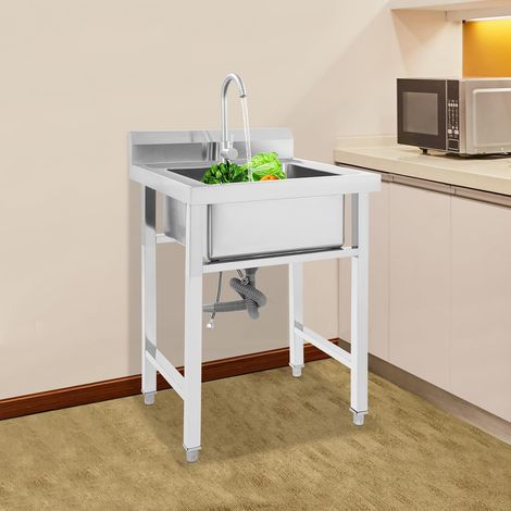 Gastro Spülbecken Edelstahl 60x60x80 cm, Freistehend Küchenspüle mit 360° Wasserhahn und Rückwand, Groß Spültisch Waschbecken für Restaurant, Küche, Bar, Gewerbe