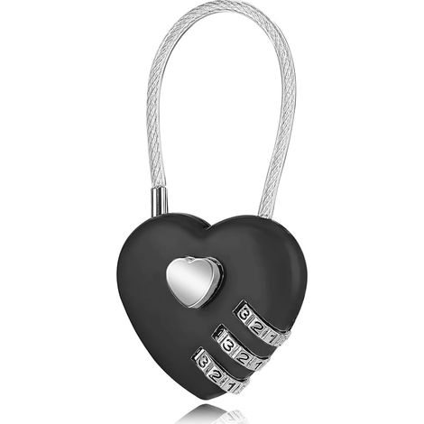 Lucchetto a combinazione a forma di cuore - Mini lucchetto a cavo per valigie, armadietti, borse da viaggio, zaini - 1 pezzo impermeabile (nero)