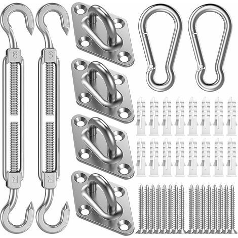 Kit Fixation Voile D'ombrage,40 Pièces M6 Acier Inoxydable Kit de Fixation pour Auvent avec Crochets Tendeur Voile Ombrage Mousqueton Oeillets et Vis pour Patio Pergola Accessoires (1/5)