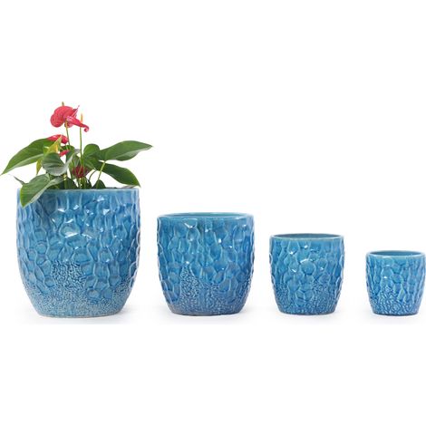 Pot de fleur Ø18 cm en céramique bleu, drainage, déco moderne pour bureau FloraGrace (1/5)