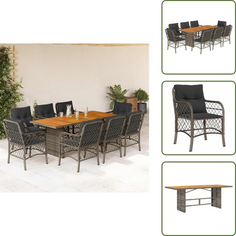 9-tlg. Garten-Essgruppe mit Kissen Grau Poly Rattan - Gartengestelle - Gartenmöbelset - Esstisch - Gartenstuhl - Outdoor Möbel (1/5)