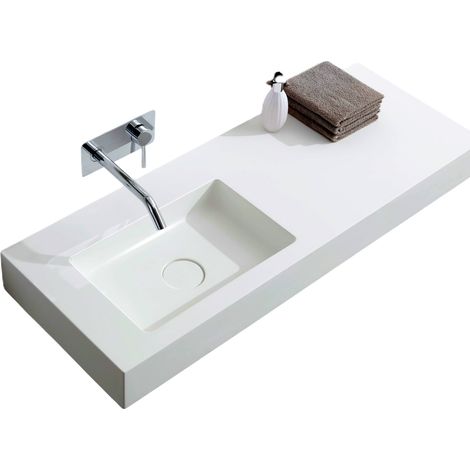 BERNSTEIN - Lavabo mural de fundición mineral con desagüe - 121x45x12 cm - BA8012 - Blanc mat, Sin consola