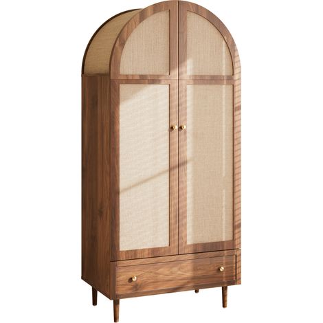 Armario ropero de MDF con puertas de tela, cajones, acabado nogal, 79 x 50 x 175 cm (1/5)