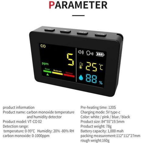 Compteur Qualite Air - CO Température Humidité - Alarme Vocale et Numérique - Intérieur Serre Agriculture - 1 Pièce (1/4)