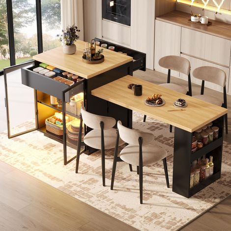 Isla de cocina 122-194,5 x 70 x 94 cm ajustable multifuncional - mesa de comedor extensible, aparador vitrina doble puerta, cajón, estante, iluminación LED APP, puerto USB, estilo moderno, MDF metal,  (1/5)