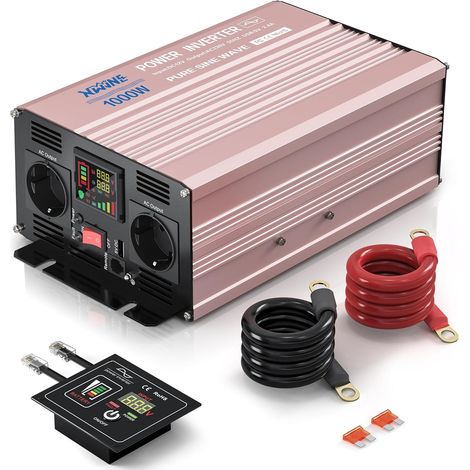 Convertisseur 12V 220V Pur Sinus, 1000W Onduleur Voiture avec Ventilateur, Écran LCD et Télécommande, Convertisseur de Tension avec 2 Prises EU, 1 Sortie USB-A, pour Voiture, Camping-Car, Camion (1/5)