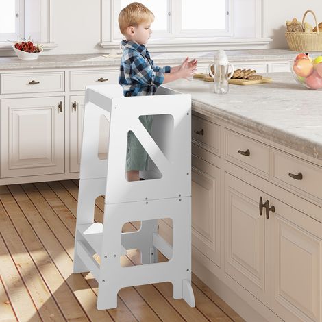 WOLTU Lernturm Für Kinder Baby, 3 in 1 Kinderhocker Kindertisch Tritthocker Tafel, Montessori Lernturm mit Rausfallschutz, Küchenhelfer, faltbar, ab 1 Jahr, Weiß (1/4)