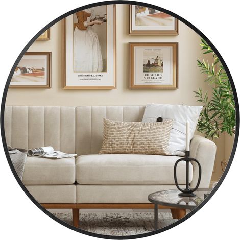 Miroir Rond, Miroir Mural, Diamètre 50 cm, Cadre en Métal, Facile à Installer, pour Salle de Bain, Salon, Chambre, Entrée, Couloir, Noir d'encre (1/5)
