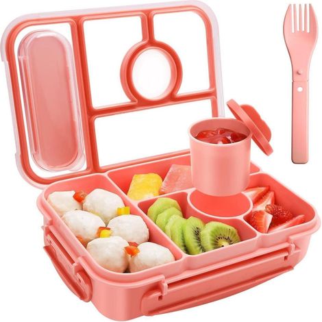 Amathley Brotdose Kinder 1300ML Lunchbox 5 Fächer Saucenbehälter BPA-frei Rosa (1/5)