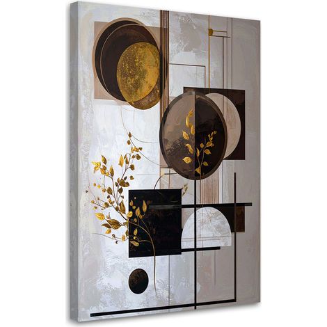 Impression sur Toile, Formes abstraites : cercles et feuilles beige et or,40x60 (1/4)